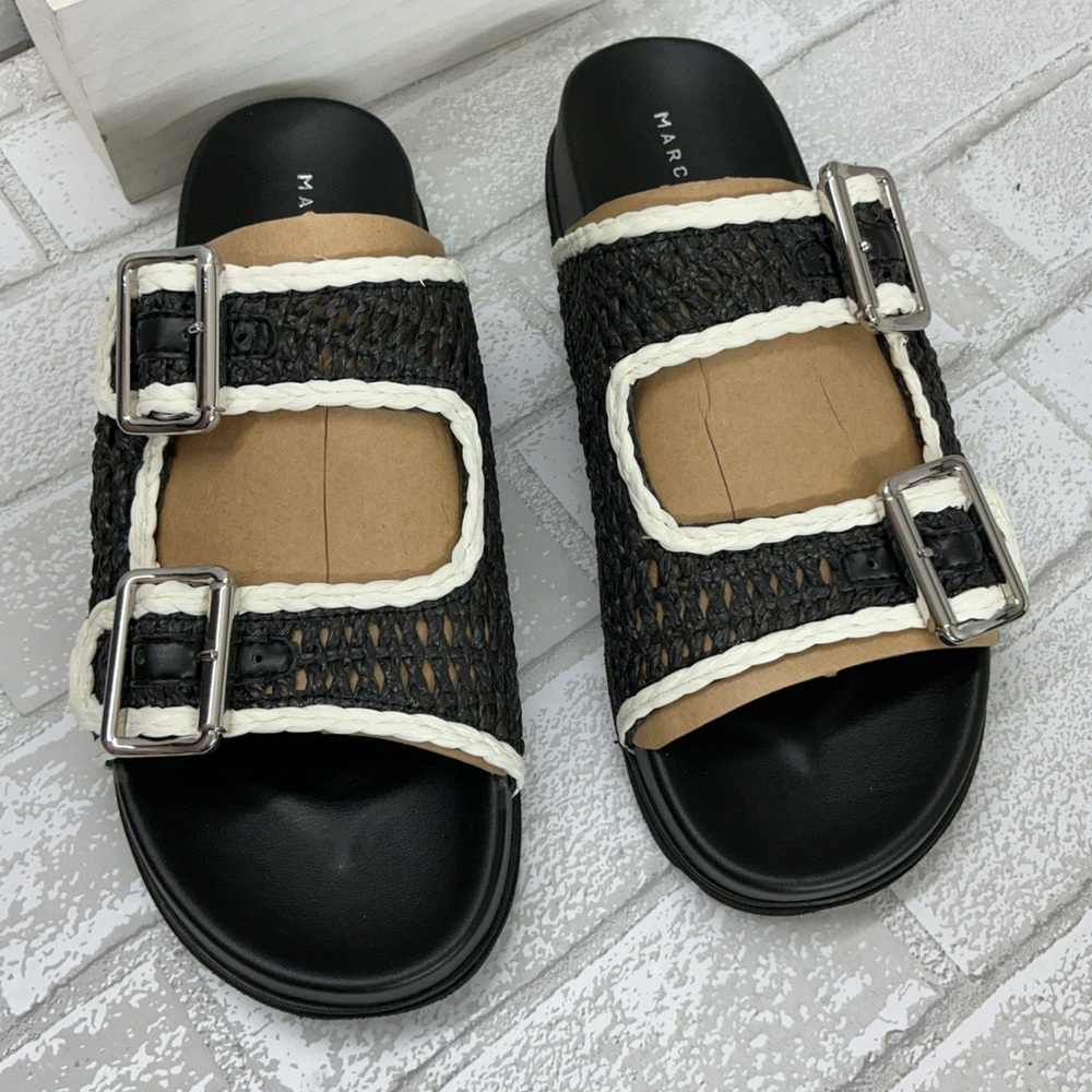 Marc Fisher Black and White Woven Double-Buckle Slide Sandals